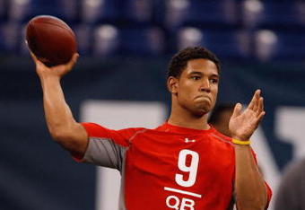 INDIANAPOLIS, IN - FEBRUARY 22:  Quarterback Josh Freeman of Kansas State passes the football during the NFL Scouting Combine presented by Under Armour at Lucas Oil Stadium on February 22, 2009 in Indianapolis, Indiana. (Photo by Scott Boehm/Getty Images)