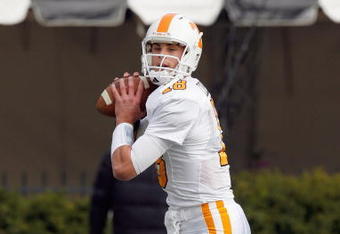 NASHVILLE, TN - NOVEMBER 22: Quarterback  B.J. Coleman #18 of the Tennessee Volunteers warms up before the game against the Vanderbilt Commodores at Vanderbilt Stadium on November 22, 2008 in Nashville, North Carolina.  (Photo by Kevin C. Cox/Getty Images)