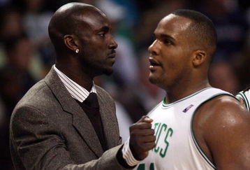 BOSTON - APRIL 20:  Kevin Garnett #5 of the Boston Celtics congratulates Glen Davis #11 in the second half against the Chicago Bulls in Game Two of the Eastern Conference Quarterfinals during the 2009 NBA Playoffs at TD Banknorth Garden on April 20, 2009 in Boston, Massachusetts. The Boston Celtics defeated the Chicago Bulls 118-115. NOTE TO USER: User expressly acknowledges and agrees that, by downloading and or using this photograph, User is consenting to the terms and conditions of the Getty Images License Agreement. (Photo by Elsa/Getty Images)