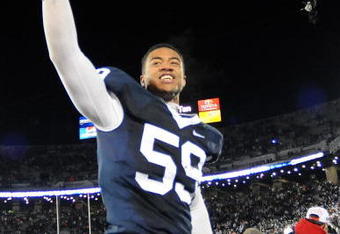 STATE COLLEGE, PA - NOVEMBER 22: Aaron Maybin #59 of the Penn State Nittany Lions reacts after clinching the Big Ten title and clinching a bid to the Rose Bowl after the game against the Michigan State Spartans on November 22, 2008 at Beaver Stadium in State College, Pennsylvania. Penn State won the game 49-18.  (Photo by Joe Sargent/Getty Images)