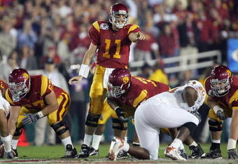 PASADENA, CA - JANUARY 04:  Quarterback Matt Leinart #11 of the USC Trojans calls a play at the line of scrimmage during the BCS National Championship Rose Bowl Game against the Texas Longhorns at the Rose Bowl on January 4, 2006 in Pasadena, California.  Texas defeated USC 41-38.  (Photo by Harry How/Getty Images)