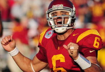 PASADENA, CA - JANUARY 01: Quarterback Mark Sanchez #6 of the USC Trojans celebrates after throwing a touchdown pass during the 95th Rose Bowl Game presented by Citi against the Penn State Nittany Lions at the Rose Bowl on January 1, 2009 in Pasadena, California. The Trojans defeated the Nittany Lions 38-24. (Photo by Matt Kincaid/Getty Images) 