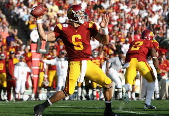PASADENA, CA - JANUARY 01:  Quarterback Mark Sanchez #6 of the USC Trojans throws a pass during the 95th Rose Bowl Game presented by Citi against the Penn State Nittany Lions at the Rose Bowl on January 1, 2009 in Pasadena, California. The Trojans defeated the Nittany Lions 38-24.  (Photo by Christian Petersen/Getty Images)