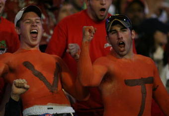 MIAMI - JANUARY 01: Virgina Tech fans celebrate during the FedEx Orange Bowl against the Cincinnati Bearcats at Dolphin Stadium on January 1, 2009 in Miami, Florida.  (Photo by Marc Serota/Getty Images)