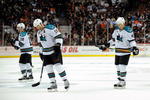 ANAHEIM, CA - APRIL 23:   Patrick Marleau #12, Joe Thornton #19 and Rob Blake #4 of the San Jose Sharks hang their heads as they skate into position for the faceoff during a break in late third period game action en route to a 4-0 loss the Anaheim Ducks during Game Four of the Western Conference Quarterfinal Round of the 2009 Stanley Cup Playoffs at Honda Center on April 23, 2009 in Anaheim, California.  (Photo by Kevork Djansezian/Getty Images)