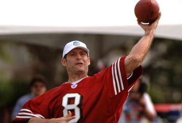 Steve Young releases a pass during an alumni air it out flag football game February 10 before  the 2006 Pro Bowl in Honolulu.  (Photo by Al Messerschmidt/Getty Images)