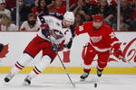 DETROIT - APRIL 18: Rick Nash #61 of the Columbus Blue Jackets tries to get around Brian Rafalski #28 of the Detroit Red Wings during Game Two of the Western Conference Quarterfinals of the 2009 NHL Stanley Cup Playoffs on April 18, 2009 at Joe Louis Arena in Detroit, Michigan.  (Photo by Gregory Shamus/Getty Images)