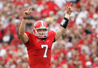 ATHENS, GA - OCTOBER 11: Matthew Stafford #7 of the Georgia Bulldogs celebrates on the field during the game against the Tennessee Volunteers at Sanford Stadium on October 11, 2008 in Athens, Georgia.  (Photo by Kevin C. Cox/Getty Images)
