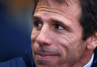 BIRMINGHAM, ENGLAND - APRIL 18:  Gianfranco Zola, manager of West Ham, looks on before the Barclays Premier League match between Aston Villa and West Ham United at Villa Park on April 18, 2009 in Birmingham, England.  (Photo by Ryan Pierse/Getty Images)