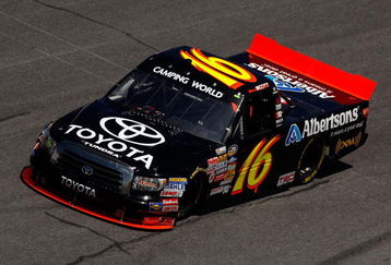 DAYTONA BEACH, FL - FEBRUARY 11:  Brian Scott, driver of the #16 Albertsons Toyota, drives during practice for the NASCAR Camping World Truck Series NextEra Energy Resources 250 at Daytona International Speedway on February 11, 2009 in Daytona Beach, Florida.  (Photo by Chris Graythen/Getty Images)