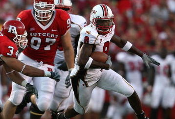 PISCATAWAY, NJ - SEPTEMBER 29:  Darrius Heyward-Bey #8 of the Maryland Terrapins runs the ball against the Rutgers Scarlet Knights during their game at Rutgers Stadium on September 29, 2007 in Piscataway, New Jersey.  (Photo by Nick Laham/Getty Images)