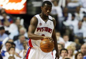 AUBURN HILLS, MI - MAY 24:  Rodney Stuckey #3 of the Detroit Pistons moves the ball across the court in Game Three of the Eastern Conference Finals against the Boston Celtics during the 2008 NBA Playoffs on May 24, 2008 at the Palace at Auburn Hills in Auburn Hills, Michigan.  The Celtics won 94-80.  NOTE TO USER: User expressly acknowledges and agrees that, by downloading and/or using this photograph, user is consenting to the terms and conditions of the Getty Images License Agreement.  (Photo by Jonathan Daniel/Getty Images)