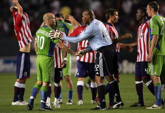 CARSON, CA - APRIL 18:  Goalkeeper Zach Thornton #22 of Chivas USA and Freddie Ljungberg #10 of Seattle Sounders FC shake hands after the MLS match at The Home Depot Center on April 18, 2009 in Carson, California. Chivas USA defeated Sounders FC 2-0.  (Photo by Victor Decolongon/Getty Images)