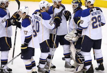 GLENDALE, AZ - APRIL 07:  Goaltender Chris Mason #50 of the St. Louis Blues is congratulated by teammates after defeating the Phoenix Coyotes during the NHL game at Jobing.com Arena on April 7, 2009 in Glendale, Arizona. The Blues defeated the Coyotes 5-1.  (Photo by Christian Petersen/Getty Images)