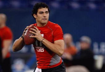 INDIANAPOLIS, IN - FEBRUARY 22:  Quarterback mark Sanchez of USC drops back to pass the football during the NFL Scouting Combine presented by Under Armour at Lucas Oil Stadium on February 22, 2009 in Indianapolis, Indiana. (Photo by Scott Boehm/Getty Images)