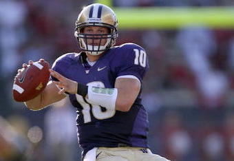 SEATTLE - SEPTEMBER 13:  Quarterback Jake Locker #10 of the Washington Huskies during the game against the Oklahoma Sooners on September 13, 2008 at Husky Stadium in Seattle, Washington. The Sooners defeated the Huskies 55-14.(Photo by Otto Greule Jr/Getty Images) 