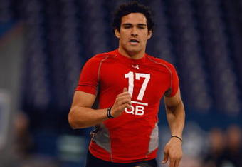 INDIANAPOLIS, IN - FEBRUARY 22:  Quarterback Mark Sanchez of USC runs the 40 yard dash during the NFL Scouting Combine presented by Under Armour at Lucas Oil Stadium on February 22, 2009 in Indianapolis, Indiana. (Photo by Scott Boehm/Getty Images)