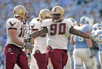 CHAPEL HILL, NC - NOVEMBER 5:  B.J. Raji #90 and Brian Toal of the Boston College Eagles talk after giving up a field goal to the North Carolina Tar Heels during an Atlantic Coast Conference game on November 5, 2005 at Kenan Stadium in Chapel Hill, North Carolina. North Carolina defeated Boston College 16-14.  (Photo by Grant Halverson/Getty Images)