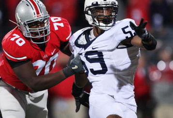 COLUMBUS, OH - OCTOBER 25: Offensive lineman Bryant Browning #70 of the Ohio State Buckeyes holds onto defensive lineman Aaron Maybin #59 of the Penn State Nittany Lions on October 25, 2008 at Ohio Stadium in Columbus, Ohio. No penalty was called on the play. (Photo by Jamie Sabau/Getty Images)