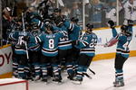 SAN JOSE, CA - APRIL 25:  The San Jose Sharks celebrate after scoring the game winning goal in overtime against the Anaheim Ducks during Game Five of the Western Conference Quarterfinal Round of the 2009 NHL Stanley Cup Playoffs at HP Pavilion on April 25, 2009 in San Jose, California. The Sharks won 3-2 in overtime.  (Photo by Stephen Dunn/Getty Images)