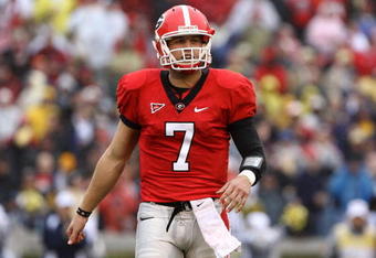 ATHENS, GA - NOVEMBER 29:  Quarterback Matthew Stafford #7 of the Georgia Bulldogs threw for 407 yards and 5 touchdowns during the game against the Georgia Tech Yellow Jackets during the game at Sanford Stadium on November 29, 2008 in Athens, Georgia.  The Yellow Jackets beat Bulldogs 45-42.  (Photo by Mike Zarrilli/Getty Images)