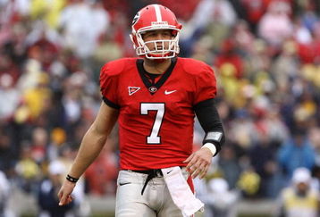 ATHENS, GA - NOVEMBER 29:  Quarterback Matthew Stafford #7 of the Georgia Bulldogs threw for 407 yards and 5 touchdowns during the game against the Georgia Tech Yellow Jackets during the game at Sanford Stadium on November 29, 2008 in Athens, Georgia.  The Yellow Jackets beat Bulldogs 45-42.  (Photo by Mike Zarrilli/Getty Images)