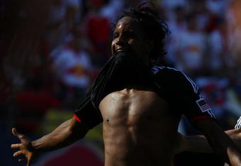 EAST RUTHERFORD, NJ - APRIL 26:  Luciano Emilio #11 of the D.C United celebrates a game tying goal in the 90th minute against the New York Red Bulls at Giants Stadium in the Meadowlands on April 26, 2009 in East Rutherford, New Jersey.  D.C United defeat the Red Bulls 3-2  (Photo by Mike Stobe/Getty Images for New York Red Bull)