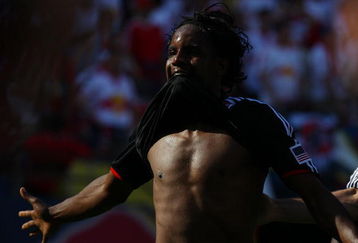 EAST RUTHERFORD, NJ - APRIL 26:  Luciano Emilio #11 of the D.C United celebrates a game tying goal in the 90th minute against the New York Red Bulls at Giants Stadium in the Meadowlands on April 26, 2009 in East Rutherford, New Jersey.  D.C United defeat the Red Bulls 3-2  (Photo by Mike Stobe/Getty Images for New York Red Bull)