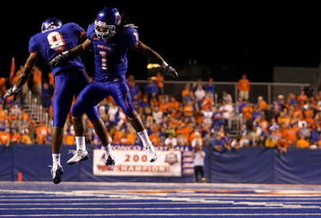 BOISE , ID - SEPTEMBER 13: Kyle Wilson #1 of the Boise State Broncos celebrates with teammate Jeremy Childs #9 after making an interception against the Bowling Green Falcons at Bronco Stadium on September 13, 2008 in Boise, Idaho. (Photo by Jonathan Ferrey/Getty Images)