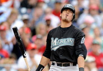 WASHINGTON - APRIL 19:  Jorge Cantu #3 of the Florida Marlins reacts after being called out on strikes against the Washington Nationals at Nationals Park on April 19, 2009 in Washington, DC.  (Photo by Greg Fiume/Getty Images)