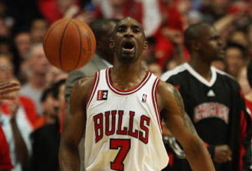 CHICAGO - APRIL 26: Ben Gordon #7 of the Chicago Bulls bounces the ball and celebrates a win over the Boston Celtics in Game Four of the Eastern Conference Quarterfinals during the 2009 NBA Playoffs at the United Center on April 26, 2009 in Chicago, Illinois. The Bulls defeated the Celtics 121-118 in double overtime. NOTE TO USER: User expressly acknowledges and agreees that, by downloading and/or using this Photograph, User is consenting to the terms and conditions of the Getty Images License Agreement. (Photo by Jonathan Daniel/Getty Images)