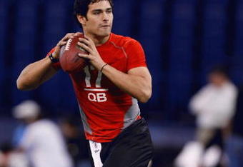 INDIANAPOLIS, IN - FEBRUARY 22:  Quarterback Mark Sanchez of USC passes the football during the NFL Scouting Combine presented by Under Armour at Lucas Oil Stadium on February 22, 2009 in Indianapolis, Indiana. (Photo by Scott Boehm/Getty Images)