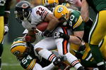 GREEN BAY, WI - NOVEMBER 16:  Running back Matt Forte #22 of the Chicago Bears is stopped by linebackers A.J. Hawk #50 and Brandon Chillar #53 of the Green Bay Packers during the NFL game at Lambeau Field on November 16, 2008 in Green Bay, Wisconsin.  (Photo by Doug Pensinger/Getty Images)