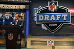 NEW YORK - APRIL 25:  NFL Commissioner Roger Goodell introduces Detroit Lions #1 draft pick Matthew Stafford at Radio City Music Hall for the 2009 NFL Draft on April 25, 2009 in New York City  (Photo by Jeff Zelevansky/Getty Images)