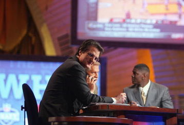 NEW YORK - APRIL 28:  Mel Kiper, Chris Mortensen and Keyshawn Johnson broadcast for ESPN during the 2007 NFL Draft on April 28, 2007 at Radio City Music Hall in New York, New York. (Photo by Chris McGrath/Getty Images)