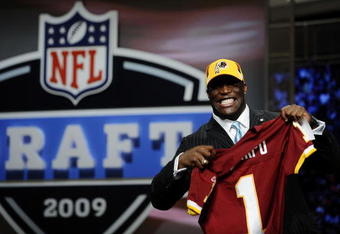 NEW YORK - APRIL 25:  Washington Redskins #13 draft pick Brian Orakpo poses for photographers at Radio City Music Hall for the 2009 NFL Draft on April 25, 2009 in New York City  (Photo by Jeff Zelevansky/Getty Images)