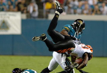 Cincinnati Bengals halfback Chris Perry  dives across midfield  against the Jacksonville Jaguars at Alltel Stadium October 9, 2005 in Jacksonville, Flordia. The Jaguars defeated the Bengals 23 - 20 in a Sunday Night game on ESPN.  (Photo by Al Messerschmidt/Getty Images)