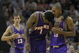 SAN ANTONIO - APRIL 29: Amare Stoudemire #1 of the Phoenix Suns is helped up off the floor by Raja Bell #19 in front of Steve Nash #13 after taking a charge for a foul to Tim Duncan #21 of the San Antonio Spurs during the second quarter in Game Five of the Western Conference Quarterfinals during the 2008 NBA Playoffs at the AT&T Center on April 29, 2008 in San Antonio, Texas. NOTE TO USER: User expressly acknowledges and agrees that, by downloading and or using this photograph, User is consenting to the terms and conditions of the Getty Images License Agreement. (Photo by Harry How/Getty Images)