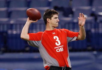 INDIANAPOLIS, IN - FEBRUARY 22:  Quarterback Tom Brandstater of Fresno State drops back to pass the football during the NFL Scouting Combine presented by Under Armour at Lucas Oil Stadium on February 22, 2009 in Indianapolis, Indiana. (Photo by Scott Boehm/Getty Images)
