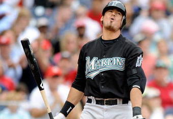 WASHINGTON - APRIL 19:  Jorge Cantu #3 of the Florida Marlins reacts after being called out on strikes against the Washington Nationals at Nationals Park on April 19, 2009 in Washington, DC.  (Photo by Greg Fiume/Getty Images)