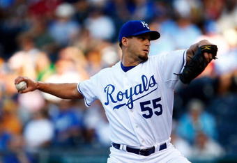 KANSAS CITY, MO - JUNE 10:  Starting pitcher Gil Meche #55 of the Kansas City Royals pitches during the game against the Texas Rangers at Kauffman Stadium June 10, 2008 in Kansas City, Missouri.  (Photo by Jamie Squire/Getty Images)