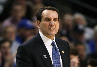 BOSTON - MARCH 26:  Head coach Mike Krzyzewski of the Duke Blue Devils gives instructions during their game against the Villanova Wildcats during the NCAA Men's Basketball Tournament East Regionals at TD Banknorth Garden on March 26, 2009 in Boston, Massachusetts.  (Photo by Elsa/Getty Images)