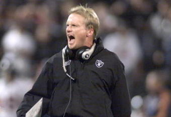 5 Nov 2001:   Jon Gruden head coach of the Oakland Raiders shouts on the sideline in their game versus the Denver Broncos at Network Associates Coliseum in Oakland, California.  The Raiders won 38-28.  DIGITAL IMAGE   Mandatory Credit:   Jed Jacobsohn/Allsport