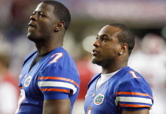 ATLANTA - DECEMBER 06: Percy Harvin #1 of the Florida Gators watches pregame warmups before the start of the SEC Championship against the Alabama Crimson Tide during the SEC Championship on December 6, 2008 at the Georgia Dome in Atlanta, Georgia. (Photo by Kevin C. Cox/Getty Images)