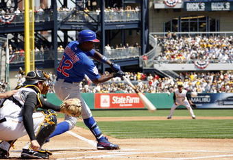 PITTSBURGH - APRIL 7:  Alfonso Soriano #12 of the Chicago Cubs connects with a pitch against the Pittsburgh Pirates during the Pirates Home Opener at PNC Park April 7, 2008 in Pittsburgh, Pennsylvania. Chicago won the game 10-8. (Photo by Gregory Shamus/Getty Images) 