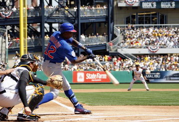 PITTSBURGH - APRIL 7:  Alfonso Soriano #12 of the Chicago Cubs connects with a pitch against the Pittsburgh Pirates during the Pirates Home Opener at PNC Park April 7, 2008 in Pittsburgh, Pennsylvania. Chicago won the game 10-8. (Photo by Gregory Shamus/Getty Images) 