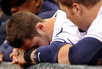 ST PETERSBURG, FL - JULY 20:  Evan Longoria #3 of the Tampa Rays reacts to a loss against the Toronto Blue Jays on July 20, 2008 at Tropicana Field in St. Petersburg, Florida.  (Photo by Al Messerschmidt/Getty Images)