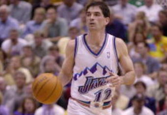 24 Apr 2001:  John Stockton #12 of the Utah Jazz in action against the Dallas Mavericks in game 2 of the NBA Playoffs at the Delta Center in Salt Lake City, Utah.  The Jazz defeated the Mavericks 109-98.  DIGITAL IMAGE.  Mandatory Credit: Matthew Stockman/Allsport