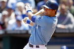 KANSAS CITY, MO - APRIL 27:  Alex Gordon #4 of the Kansas City Royals swings at a pitch during the MLB game against the Toronto Blue Jays on April 27, 2008 at Kauffman Stadium in Kansas City, Missouri. (Photo by G. Newman Lowrance/Getty Images)