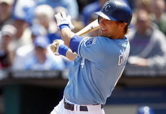 KANSAS CITY, MO - APRIL 27:  Alex Gordon #4 of the Kansas City Royals swings at a pitch during the MLB game against the Toronto Blue Jays on April 27, 2008 at Kauffman Stadium in Kansas City, Missouri. (Photo by G. Newman Lowrance/Getty Images)